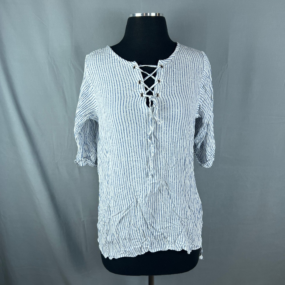 Stevie Sister Tunic Top Women Small White Blue Stripe Lace Up Front High Low Hem